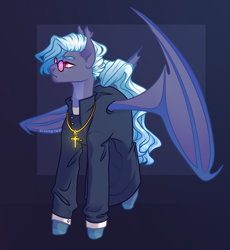 Size: 3122x3392 | Tagged: safe, artist:dreamyrat, oc, oc only, bat pony, pony, undead, vampire, bat pony oc, bat wings, blue mane, clothes, commission, cross, ear fluff, glasses, high res, male, pink eyes, priest, simple background, solo, stallion, wings
