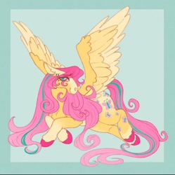 Size: 1430x1436 | Tagged: safe, artist:inky_sparrow, fluttershy, pegasus, pony, g4, long hair, redesign, sitting, solo, spread wings, wings