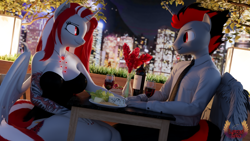 Size: 3840x2160 | Tagged: safe, artist:loveslove, oc, oc only, oc:lovers, alicorn, bat pony, bat pony unicorn, hybrid, unicorn, anthro, 3d, alcohol, alicorn oc, bat ears, bat pony oc, bat wings, blurry background, bottle, breasts, busty oc, cheese, city, clothes, date, duo, duo male and female, female, flower, folded wings, food, glass, grapes, herbivore, high res, horn, jewelry, lamp, looking at each other, looking at someone, male, nail polish, necklace, necktie, romantic, smiling, smiling at each other, straight, strawberry, tail, tattoo, wine, wine bottle, wine glass, wings