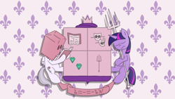 Size: 1920x1080 | Tagged: safe, artist:borgib, twilight sparkle, oc, oc:light knight, pegasus, pony, unicorn, g4, 2ch, anonymous, bag, book, crown, duo, fanfic, fanfic art, fork, gem, imageboard, jewelry, mask, meme, plastic bag, regalia, trident