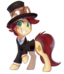 Size: 663x768 | Tagged: artist needed, safe, oc, oc only, oc:canni soda, earth pony, pony, clothes, cute, goggles, hat, looking at you, necktie, raised hoof, simple background, smiling, smiling at you, solo, steampunk, suit, transparent background