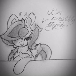 Size: 2818x2818 | Tagged: safe, artist:sodapop sprays, oc, oc:sodapop sprays, pegasus, pony, chest fluff, ear fluff, half body, high res, looking at you, monochrome, photo, shadow, smiling, smiling at you, solo, stupid, talking, traditional art