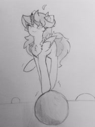 Size: 2749x3665 | Tagged: safe, artist:sodapop sprays, oc, oc:mystery sprays, pegasus, pony, balancing, high res, pencil, pencil drawing, solo, traditional art