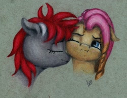 Size: 1839x1422 | Tagged: safe, artist:myzanil, oc, oc only, oc:lady owlnot, oc:myza nil red, pegasus, pony, blushing, colored pencil drawing, couple, curly hair, ears back, embarrassed, eyes closed, female, nonbinary, not fluttershy, nuzzling, one eye closed, smiling, traditional art