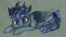 Size: 2310x1320 | Tagged: safe, artist:myzanil, oc, oc only, oc:scribble, oc:skittle, pegasus, pony, behaving like a cat, colored pencil drawing, ears up, folded wings, lying down, micro, mottled coat, protecting, staring at you, startled, traditional art, wings