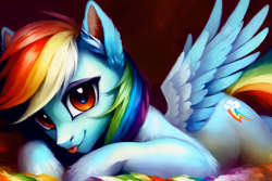 Size: 2016x1344 | Tagged: safe, ai assisted, ai content, artist:darbarri, derpibooru exclusive, generator:stable diffusion, rainbow dash, pegasus, pony, g4, cute, detailed, ear fluff, looking at you, lying down, solo, spread wings, tongue out, wallpaper, wings