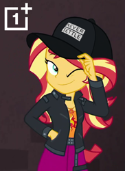 Size: 678x930 | Tagged: safe, edit, edited screencap, editor:nyrikiri, screencap, sunset shimmer, human, display of affection, equestria girls, g4, my little pony equestria girls: better together, cap, dreamworks face, female, flanksy, hat, never settle, one eye closed, oneplus, solo, wink