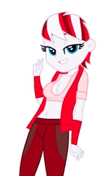 Size: 515x892 | Tagged: safe, artist:robertsonskywa1, human, equestria girls, g4, arcee, bedroom eyes, breasts, cleavage, clothes, female, jacket, leggings, peace sign, simple background, solo, sports bra, transformers, transformers rise of the beasts, white background, wristband