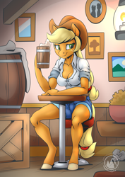 Size: 2171x3070 | Tagged: safe, artist:mysticalpha, applejack, earth pony, anthro, unguligrade anthro, g4, breasts, busty applejack, cider mug, cleavage, clothes, cowboy hat, female, freckles, hat, high res, indoors, mug, reasonably sized breasts, shirt, shorts, solo, stetson, watermark