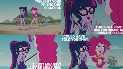 Size: 2000x1125 | Tagged: safe, edit, edited screencap, editor:quoterific, screencap, pinkie pie, sci-twi, twilight sparkle, human, equestria girls, friendship math, g4, my little pony equestria girls: better together, clothes, one-piece swimsuit, pinkie pie swimsuit, sci-twi swimsuit, swimsuit