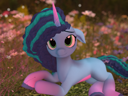 Size: 1600x1200 | Tagged: safe, misty brightdawn, pony, unicorn, open pony, g5, 3d, coat markings, cornrows, cute, female, floppy ears, flower, freckles, game, game screencap, gradient hooves, gradient horn, grass, grass field, horn, looking at you, mare, mistybetes, multicolored mane, second life, smiling, socks (coat markings), solo, unshorn fetlocks