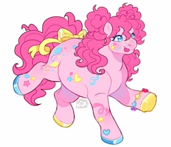 Size: 3524x3024 | Tagged: safe, artist:mysthooves, pinkie pie, earth pony, pony, g4, :p, alternate design, alternate hairstyle, bow, bracelet, chubby, colored hooves, curly hair, female, high res, hoof heart, jewelry, mare, mismatched hooves, running, simple background, solo, space buns, tail, tail bow, tongue out, underhoof, white background
