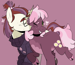 Size: 1497x1301 | Tagged: safe, artist:zowwyroo, cheerilee, moondancer, earth pony, pony, unicorn, g4, cheek kiss, cheerdancer, clothes, cloven hooves, crack shipping, curved horn, duo, duo female, female, glasses, horn, kissing, lesbian, purple background, shipping, simple background, sweater