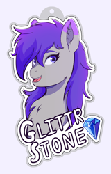Size: 2040x3181 | Tagged: safe, alternate version, artist:autumnsfur, oc, oc only, oc:glitter stone, earth pony, pony, g4, g5, badge, blue eyes, bust, con badge, diamond, digital art, eyelashes, eyeshadow, female, gray coat, grey fur, happy, high res, long hair, long mane, looking at something, looking sideways, makeup, mare, name, open mouth, outline, portrait, purple eyes, purple hair, purple mane, simple background, smiling, solo, text, tongue out, white outline