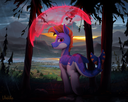 Size: 3500x2798 | Tagged: safe, artist:uliovka, oc, oc only, original species, pony, unicorn, forest, high res, lake, looking at you, looking back, magic, magic aura, morning, mountain, rain, scenery, solo, water