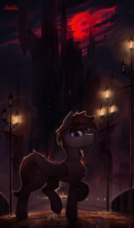 Size: 2059x3500 | Tagged: safe, artist:uliovka, oc, oc only, oc:hunter blood moon, bat pony, pony, blood moon, castle, high res, looking at you, moon, night, scenery