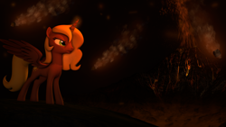 Size: 1920x1080 | Tagged: safe, artist:skyarrow, oc, oc only, oc:glorious sunrise, alicorn, pony, 3d, female, fire, lava, mare, solo, source filmmaker, volcano