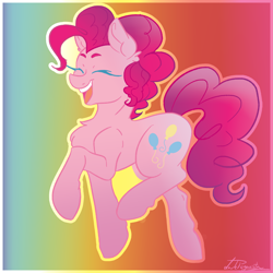 Size: 2000x2000 | Tagged: safe, artist:dankpegasista, derpibooru exclusive, pinkie pie, earth pony, pony, g4, big tail, chest fluff, colored eyelashes, colored lineart, colorful, curly mane, cute, diapinkes, ear fluff, eyebrows, eyes closed, female, fluffy hair, full body, gradient background, gradient mane, happy, high res, jumping, krita, long eyelashes, mare, open mouth, open smile, outline, pink coat, pink mane, png, rainbow background, raised hoof, signature, simple, simple shading, smiling, solo, sternocleidomastoid, tail, three quarter view, walking, wide smile