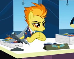 Size: 1402x1122 | Tagged: safe, screencap, spitfire, pegasus, pony, g4, wonderbolts academy, autograph, clothes, cropped, desk, drill sergeant, female, lamp, mare, necktie, office, solo, spitfire's office, spitfire's tie, suit, uniform, whistle necklace, window, wonderbolts dress uniform