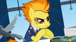 Size: 2160x1213 | Tagged: safe, screencap, spitfire, pegasus, pony, g4, wonderbolts academy, autograph, clothes, desk, drill sergeant, female, mare, necktie, office, solo, spitfire's eyebrows, spitfire's office, spitfire's tie, suit, sunglasses, uniform, whistle necklace, window, wonderbolts dress uniform