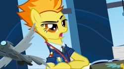 Size: 2144x1210 | Tagged: safe, screencap, spitfire, pegasus, pony, g4, wonderbolts academy, autograph, clothes, desk, drill sergeant, female, mare, necktie, solo, spitfire's eyebrows, spitfire's office, spitfire's tie, suit, sunglasses, uniform, whistle necklace, window, wonderbolts dress uniform