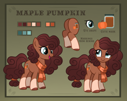 Size: 1640x1306 | Tagged: safe, artist:octoberumn, oc, oc:maple pumpkin, earth pony, pony, g4, base used, brown coat, brown mane, brown tail, butt, clothes, coat markings, curly mane, cute, female, mare, plot, quadrupedal, reference sheet, scarf, socks (coat markings), solo, tail