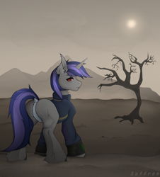 Size: 1900x2100 | Tagged: safe, artist:rarafox, oc, oc only, oc:dreaming star, bat pony, bat pony unicorn, hybrid, pony, unicorn, fallout equestria, butt, clothes, commission, dead tree, dock, fangs, horn, jumpsuit, looking back, male, pale belly, pipbuck, plot, red eyes, solo, stallion, tail, tree, vault suit, wasteland, ych result