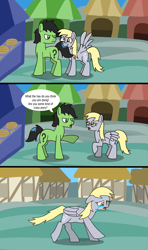 Size: 1920x3240 | Tagged: safe, artist:platinumdrop, derpy hooves, oc, oc:anon, oc:anon stallion, earth pony, pegasus, pony, g4, 3 panel comic, biting, building, comic, commission, crying, drool, duo, duo male and female, ears back, female, floppy ears, folded wings, food, food stand, frown, grass, hoof pointing, house, houses, looking at each other, looking at someone, male, mare, open mouth, pastry, pointing, ponyville, raised hoof, running, running away, sad, scolding, sky, smiling, speech bubble, spread wings, stallion, tail, tail bite, tears of sadness, town, vendor, vendor stall, window, wings
