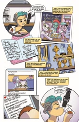Size: 1000x1537 | Tagged: safe, artist:amy mebberson, idw, official comic, dahlia, hitch trailblazer, jazz hooves, pansy silverbell, earth pony, pony, g5, spoiler:comic, spoiler:g5comic, spoiler:g5comic12, adordahlia, apron, baking, baking sheet, blaze (coat marking), blinds, bowl, card, cellphone, chalkboard, clothes, club, coat markings, coffee cup, comments, cup, cupcake, cute, dialogue, english, facial markings, female, flower, flower in hair, food, frosting, glasses, group, happy, headphones, hoof heart, hoof hold, jazzibetes, male, mare, microphone, milk, mixer, mixing bowl, narration, notebook, phone, photo, ponygram, poster, ribbon, sash, shelves, sheriff's badge, sipping, smartphone, social media, socks (coat markings), spatula, stallion, table, text, they know, trophy, underhoof, unshorn fetlocks, upside-down hoof heart, writing