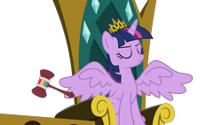 Size: 5989x3369 | Tagged: safe, artist:synch-anon, artist:twiforce, edit, twilight sparkle, alicorn, pony, g4, crown, eyes closed, female, gavel, jewelry, judge, mare, new crown, regalia, simple background, solo, spread wings, stern, transparent background, twilight sparkle (alicorn), twilight sparkle is not amused, unamused, wings