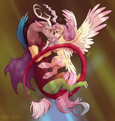 Size: 2160x2274 | Tagged: safe, artist:inky_sparrow, discord, fluttershy, draconequus, pegasus, pony, g4, abstract background, colored wings, digital art, duo, duo male and female, eye contact, eyebrows, female, flower, flower in hair, gradient wings, high res, looking at each other, looking at someone, male, mare, mismatched wings, older, older fluttershy, ship:discoshy, shipping, signature, smiling, smiling at each other, spread wings, straight, wings
