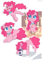 Size: 1341x1895 | Tagged: safe, artist:enderselyatdark, pinkie pie, earth pony, pony, g4, behaving like a dog, collar, cute, diapinkes, eating, eyes closed, female, jumping, lying down, mare, open mouth, open smile, pet tag, plushie, ponk, pony pet, prone, puppy pie, simple background, sitting, smiling, teddy bear, white background