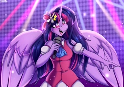 Size: 2850x2000 | Tagged: safe, artist:shadowreindeer, twilight sparkle, alicorn, anthro, g4, ai hoshino, anime style, clothes, cute, dress, idol, microphone, oshi no ko, parody, pointing, puffy sleeves, skirt, solo, stage, starry eyes, twi hoshino, twiabetes, twilight sparkle (alicorn), wingding eyes