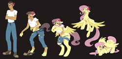 Size: 2840x1376 | Tagged: safe, artist:atcpony, fluttershy, human, pegasus, pony, g4, blank flank, blushing, clothes, colored wings, cowering, eye color change, female, floppy ears, flower, flower in hair, flying, human male, human to pony, male, male to female, mare, missing cutie mark, open mouth, ripping clothes, shy, simple background, teary eyes, transformation, transformation sequence, transgender transformation, two toned wings, wings