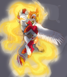 Size: 1400x1600 | Tagged: safe, daybreaker, princess celestia, oc, oc:myrilith, alicorn, draconequus, pony, g4, bed, bedroom, canon x oc, clothes, fire, light, loincloth, night, sombra eyes, tribal, underwear