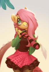 Size: 1599x2343 | Tagged: safe, ai assisted, ai content, artist:jewellier, discord, fluttershy, pegasus, anthro, dtiys emoflat, g4, bags under eyes, choker, clothes, cute, draw this in your style, evening gloves, feather, female, fingerless elbow gloves, fingerless gloves, gloves, grin, hair over one eye, hands together, head tilt, jacket, long gloves, looking up, mare, offscreen character, plaid skirt, shyabetes, simple background, skirt, smiling, solo, spiked choker, striped gloves, tail, wings