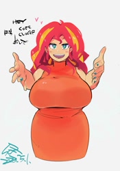 Size: 1400x2000 | Tagged: safe, artist:sozglitch, sunset shimmer, human, g4, big breasts, bilingual, breasts, busty sunset shimmer, chubby, clothes, dialogue, dress, female, floating heart, heart, huge breasts, humanized, looking at you, open mouth, open smile, outstretched arms, plump, smiling, smiling at you, solo, talking to viewer