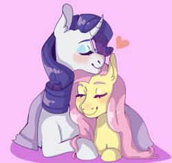 Size: 1081x1024 | Tagged: safe, artist:astrodrveams, fluttershy, rarity, pegasus, pony, unicorn, g4, blushing, cuddling, female, heart, lesbian, lying down, mare, neck nuzzle, pink background, ship:flarity, shipping, simple background, smiling