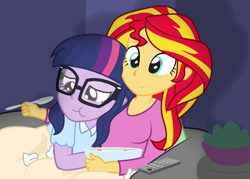 Size: 1120x800 | Tagged: safe, artist:dm29, sci-twi, sunset shimmer, twilight sparkle, human, equestria girls, g4, bags under eyes, blanket, clothes, cuddling, duo, duo female, eating, feeding, female, food, glasses, lesbian, pajamas, red nose, remote control, ship:sci-twishimmer, ship:sunsetsparkle, shipping, sick, snuggling, soup, spoon, tissue