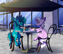 Size: 2300x2000 | Tagged: safe, artist:celes-969, diamond tiara, oc, earth pony, pony, unicorn, g4, cafe, chair, coffee, duo, high res, sitting, table