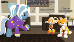 Size: 3413x1920 | Tagged: safe, artist:gradiusfanatic, trixie, pony, unicorn, g4, alternate hairstyle, babysitter trixie, clothes, cream the rabbit, crossover, female, hoodie, male, miles "tails" prower, sonic the hedgehog (series)