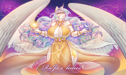 Size: 2519x1500 | Tagged: safe, artist:rajas_ledies, princess celestia, alicorn, anthro, g4, absolute cleavage, beautisexy, big breasts, breasts, busty princess celestia, cleavage, clothes, dress, female, goddess, huge breasts, jewelry, large wings, moon, sexy, solo, stars, sun, thighs, wide hips, wings