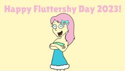 Size: 691x394 | Tagged: safe, artist:xxsteamboy, fluttershy, human, equestria girls, g4, 2023, crossed arms, female, fluttershy day, goanimate, looking at you, open mouth, simple background, smiling, solo, vyond, yellow background