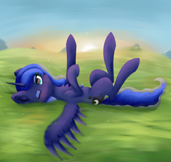 Size: 3500x3300 | Tagged: safe, artist:gaffy, princess luna, alicorn, pony, g4, female, grass, high res, hooves in air, lying, lying down, lying in grass, mare, on back, solo