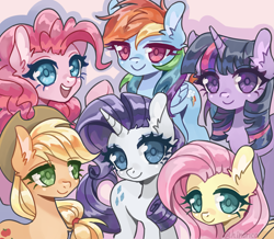 Size: 3845x3347 | Tagged: safe, artist:hinorica, applejack, fluttershy, pinkie pie, rainbow dash, rarity, twilight sparkle, earth pony, pegasus, pony, unicorn, g4, colored pupils, female, group, high res, looking at you, mane six, mare, open mouth, open smile, pink background, sextet, simple background, smiling, smiling at you