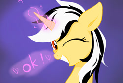 Size: 1316x897 | Tagged: safe, artist:行豹cheetahspeed, oc, oc only, oc:autumn trace, pony, unicorn, blinking, facial expressions, glowing, glowing horn, horn, looking at you, magic, orange eyes, purple background, smiling, smiling at you, yellow skin