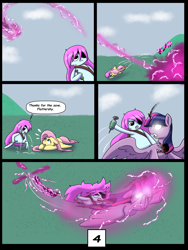 Size: 7500x10000 | Tagged: safe, artist:chedx, fluttershy, twilight sparkle, alicorn, pony, comic:learning with pibby glitch battles, g4, comic, crossover, fanfic, fanfic art, fight, floppy ears, multiverse, pibby, twilight sparkle (alicorn)