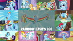Size: 1978x1113 | Tagged: safe, edit, edited screencap, editor:quoterific, screencap, applejack, chickadee, derpy hooves, fleetfoot, matilda, ms. peachbottom, parasol, rainbow dash, spitfire, twilight sparkle, earth pony, pony, a trivial pursuit, boast busters, castle sweet castle, fall weather friends, g4, games ponies play, non-compete clause, rainbow falls, season 1, season 2, season 3, season 4, spike at your service, the cart before the ponies, the crystal empire, the mysterious mare do well, the washouts (episode), yakity-sax, banner, ego, flying, helmet, trophy