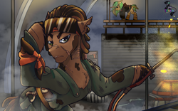 Size: 1920x1200 | Tagged: safe, artist:brainiac, oc, oc:weld, earth pony, pony, unicorn, fallout equestria, clothes, dreadlocks, ex-raider, fallout equestria:all things unequal (pathfinder), happy international workers day, male, mechanic, oil, osha violations, scar, stallion