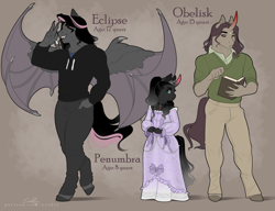 Size: 5199x4000 | Tagged: safe, artist:evehly, oc, oc only, oc:eclipse, oc:obelisk, oc:penumbra, bat pony, bat pony pegasus, hybrid, pegasus, unicorn, anthro, unguligrade anthro, book, brother and sister, brothers, clothes, curved horn, digital art, dress, fangs, female, filly, foal, horn, male, offspring, pants, parent:fluttershy, parent:king sombra, parents:sombrashy, reading, shirt, siblings, smiling, stallion, standing, trio, unicorn oc